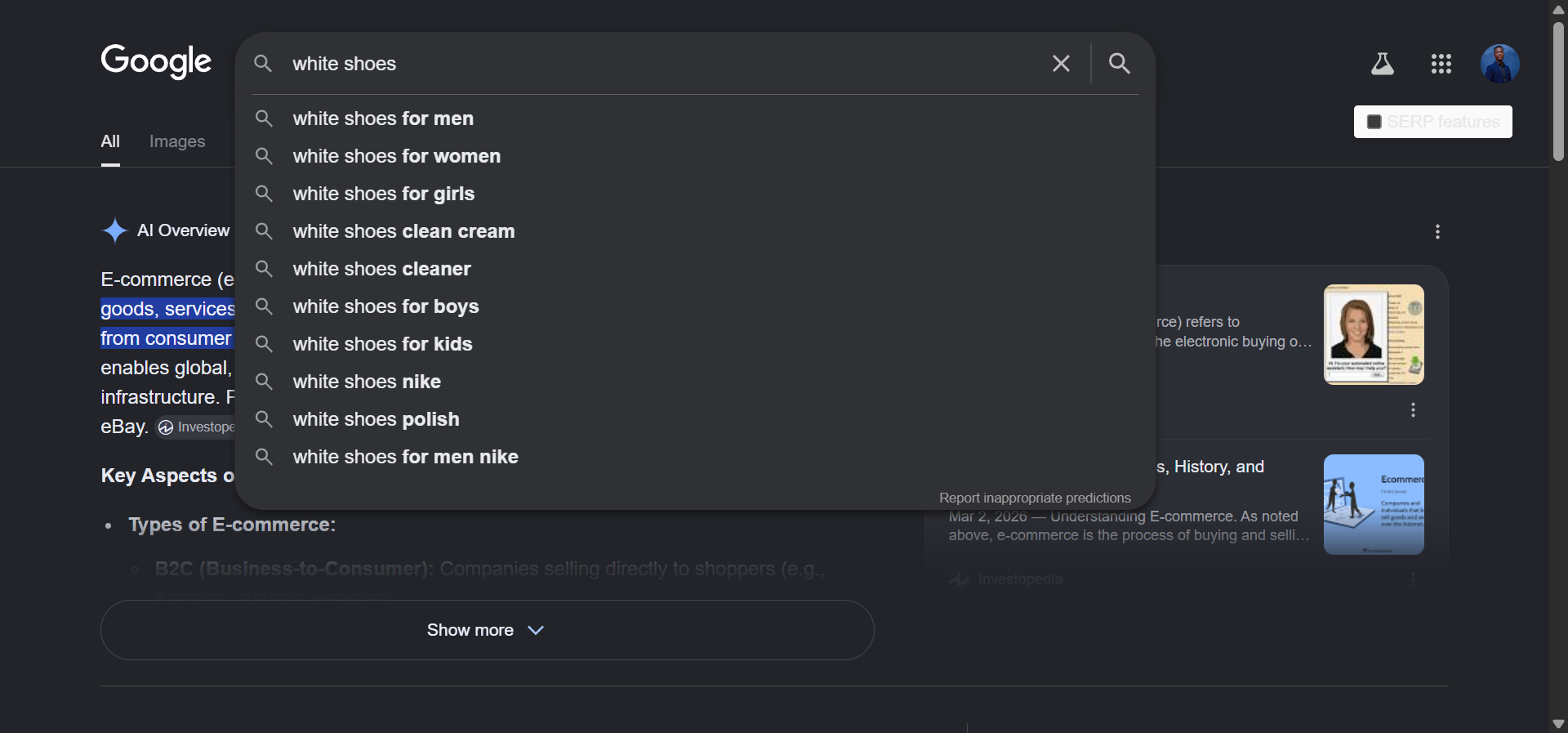 Google autocomplete showing suggestions for an ecommerce product query
