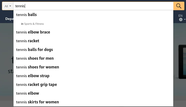 Amazon search bar showing autocomplete suggestions for a product keyword
