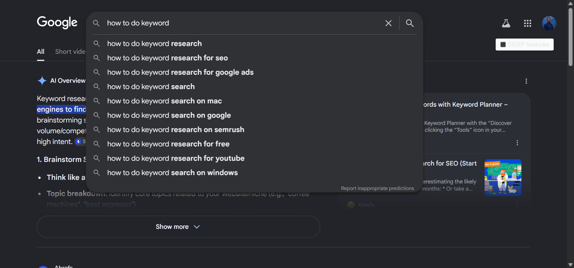 Google search bar displaying autocomplete suggestions when a user types “how to do keyword”