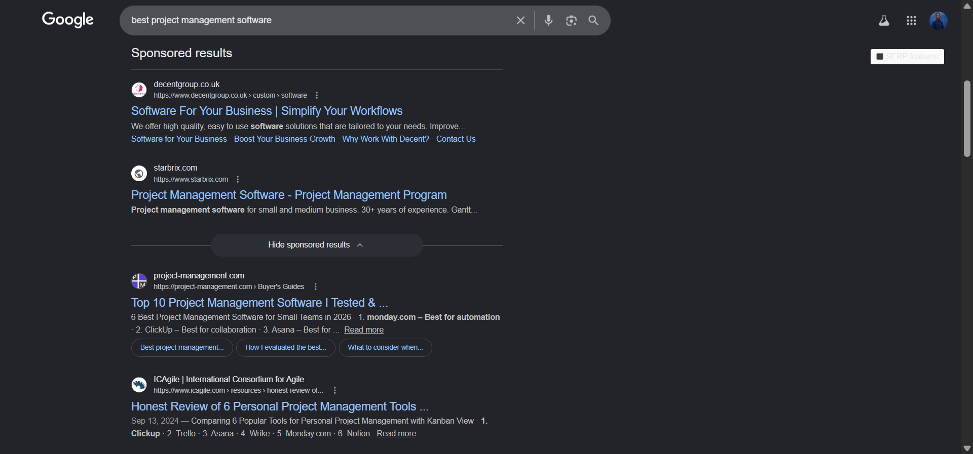 Google SERP for “best project management software” highlighting that the top three results are listicles