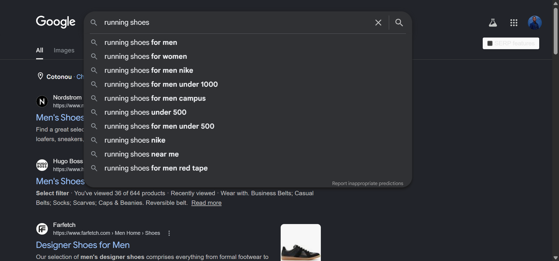 Google search bar showing autocomplete suggestions for "running shoes" including "running shoes for flat feet," "running shoes for women," "running shoes for plantar fasciitis"
