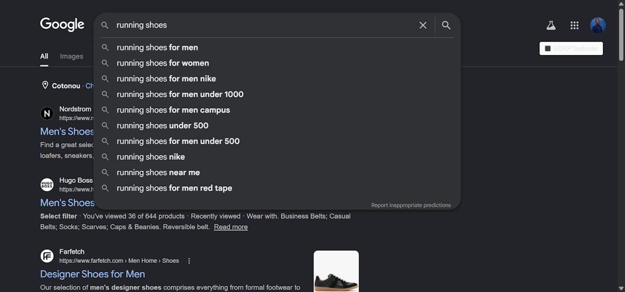 Google search bar showing autocomplete suggestions for "running shoes" including "running shoes for flat feet," "running shoes for women," "running shoes for plantar fasciitis"