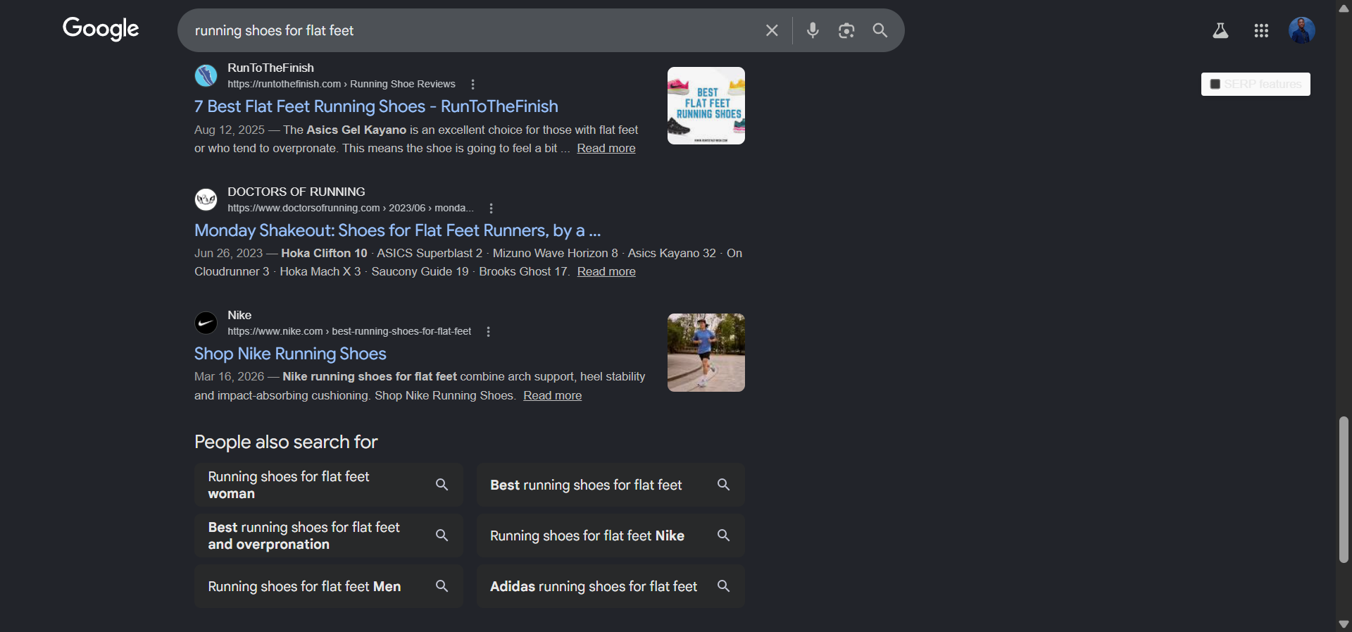 Google "Related searches" panel at the bottom of the SERP for "running shoes for flat feet" showing related queries