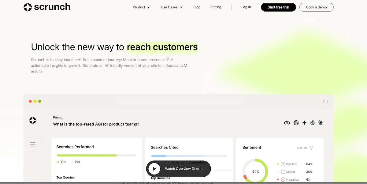 Scrunch AI Agent Experience Platform interface showing entities and attributes management