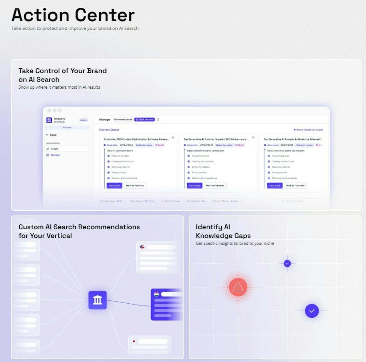 AthenaHQ Action Center showing prioritized optimization suggestions and citation gap detection