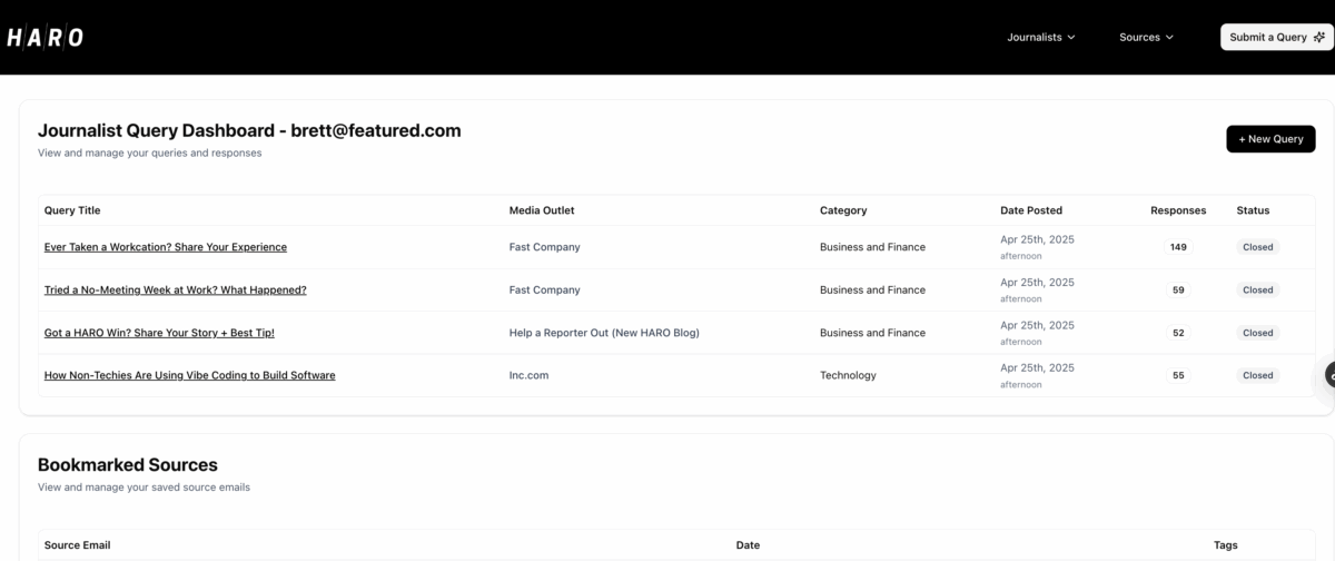 Connectively (formerly HARO) dashboard showing journalist queries filtered by your industry.