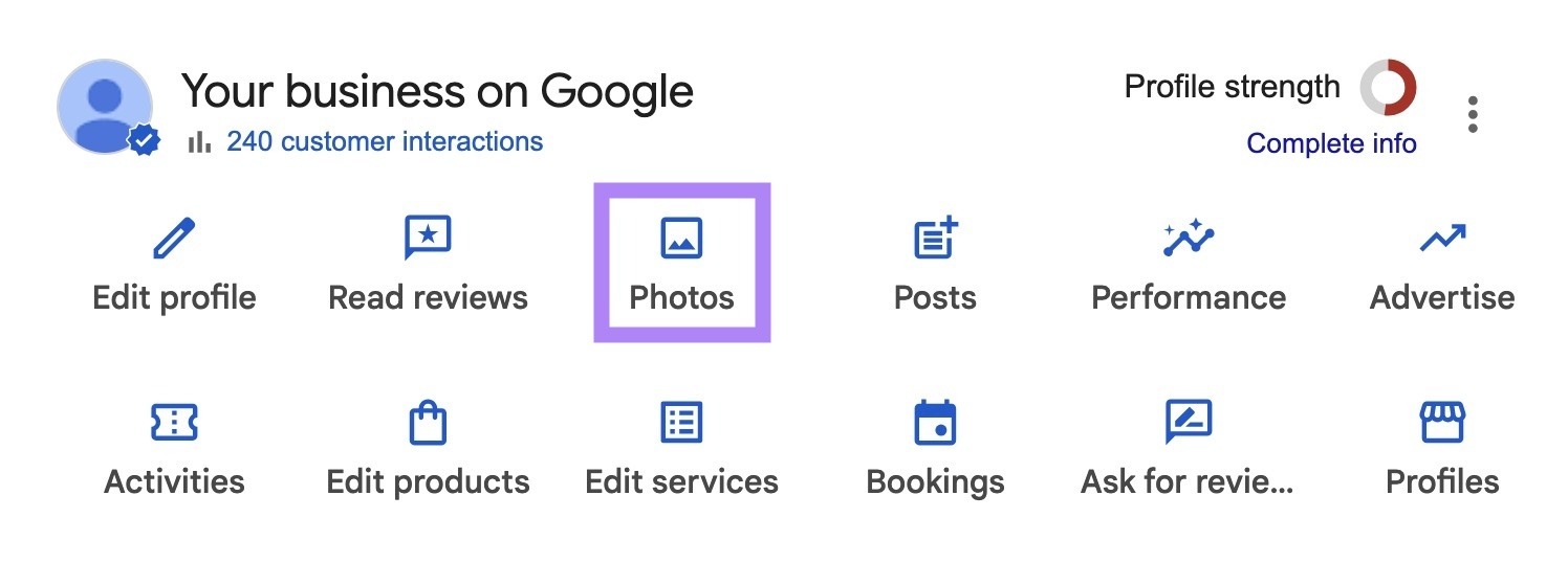 A fully optimized Google Business Profile dashboard showing photos, hours, posts, and an active review feed
