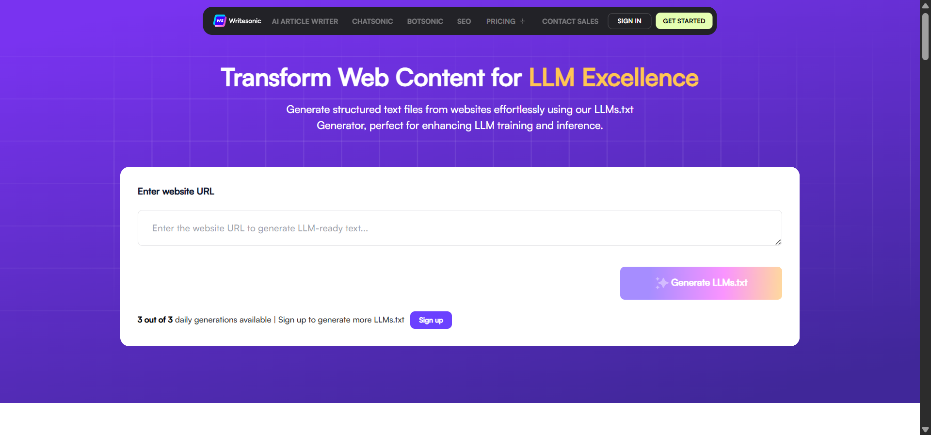 Writesonic&rsquo;s llms.txt generator with URL input and generated output