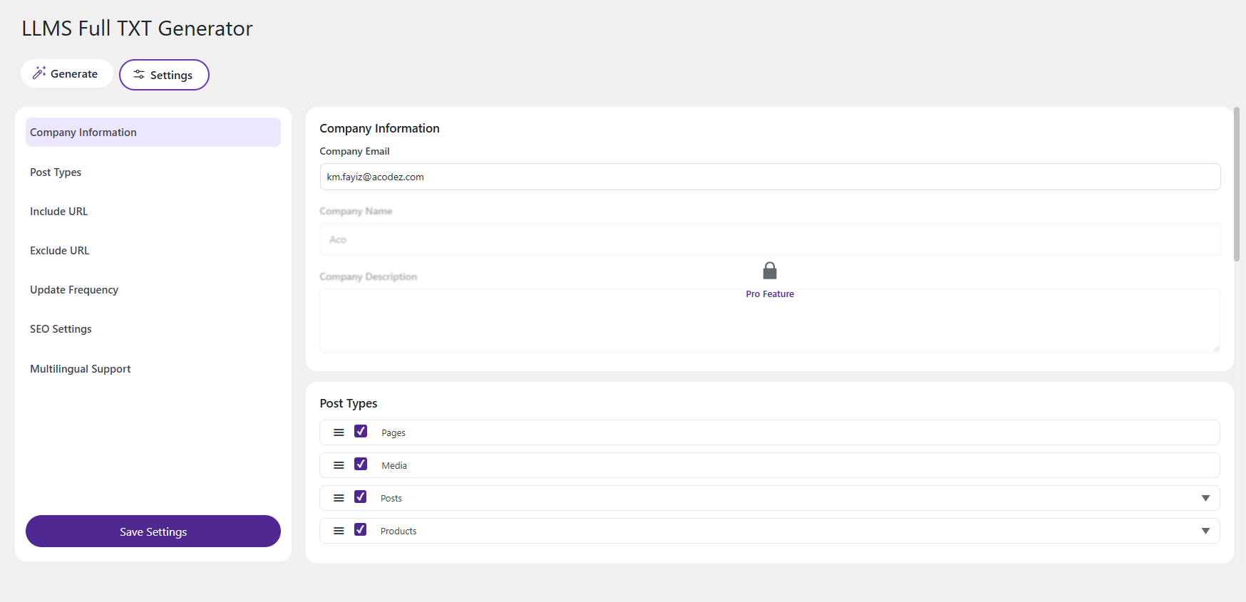 LLMs.txt and LLMs-Full.txt Generator plugin settings in WordPress admin