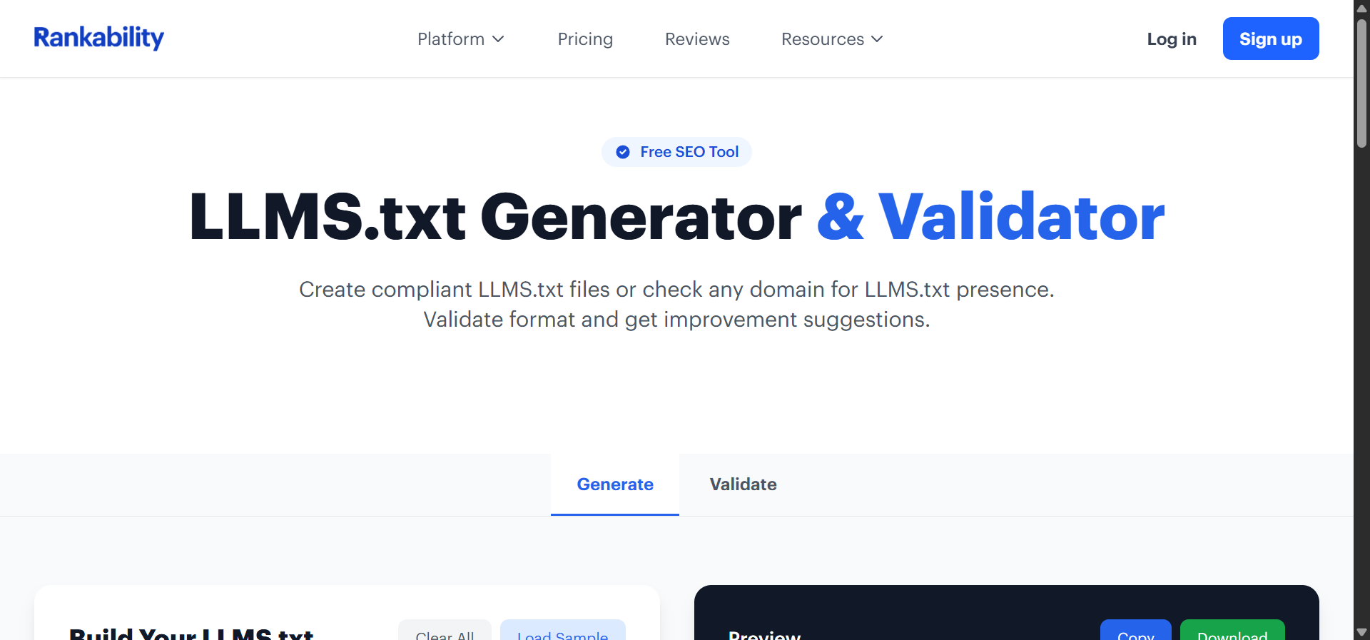Rankability&rsquo;s llms.txt generator and validator interface