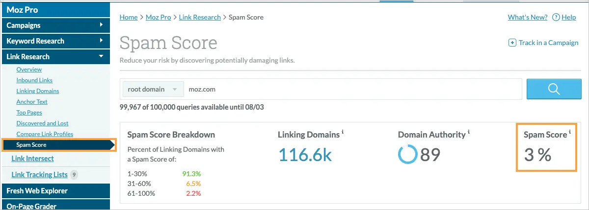 Moz Link Explorer with Domain Authority and Spam Score
