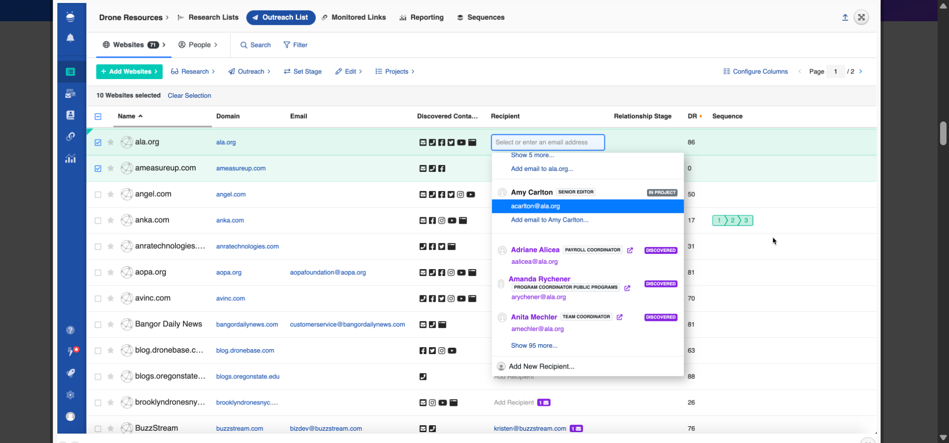 BuzzStream contact record showing email history and tags