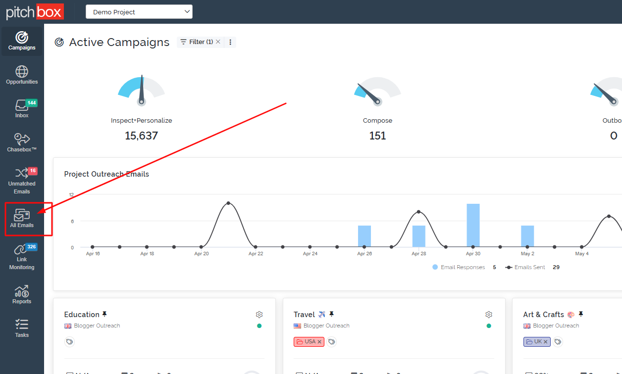 Pitchbox campaign dashboard with deliverability monitoring