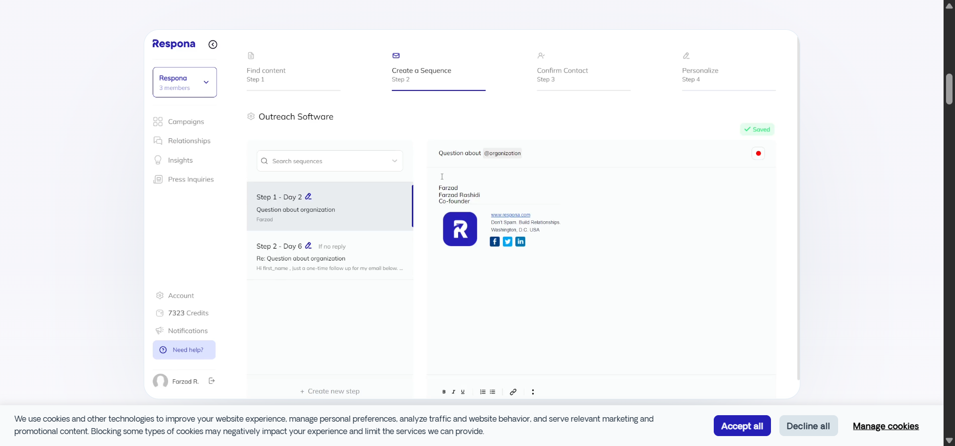 Respona AI personalization preview inside an outreach sequence