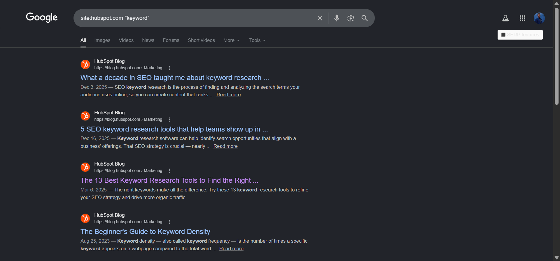 Google search bar showing a site:yoursite.com “internal linking” search and the SERP results below it