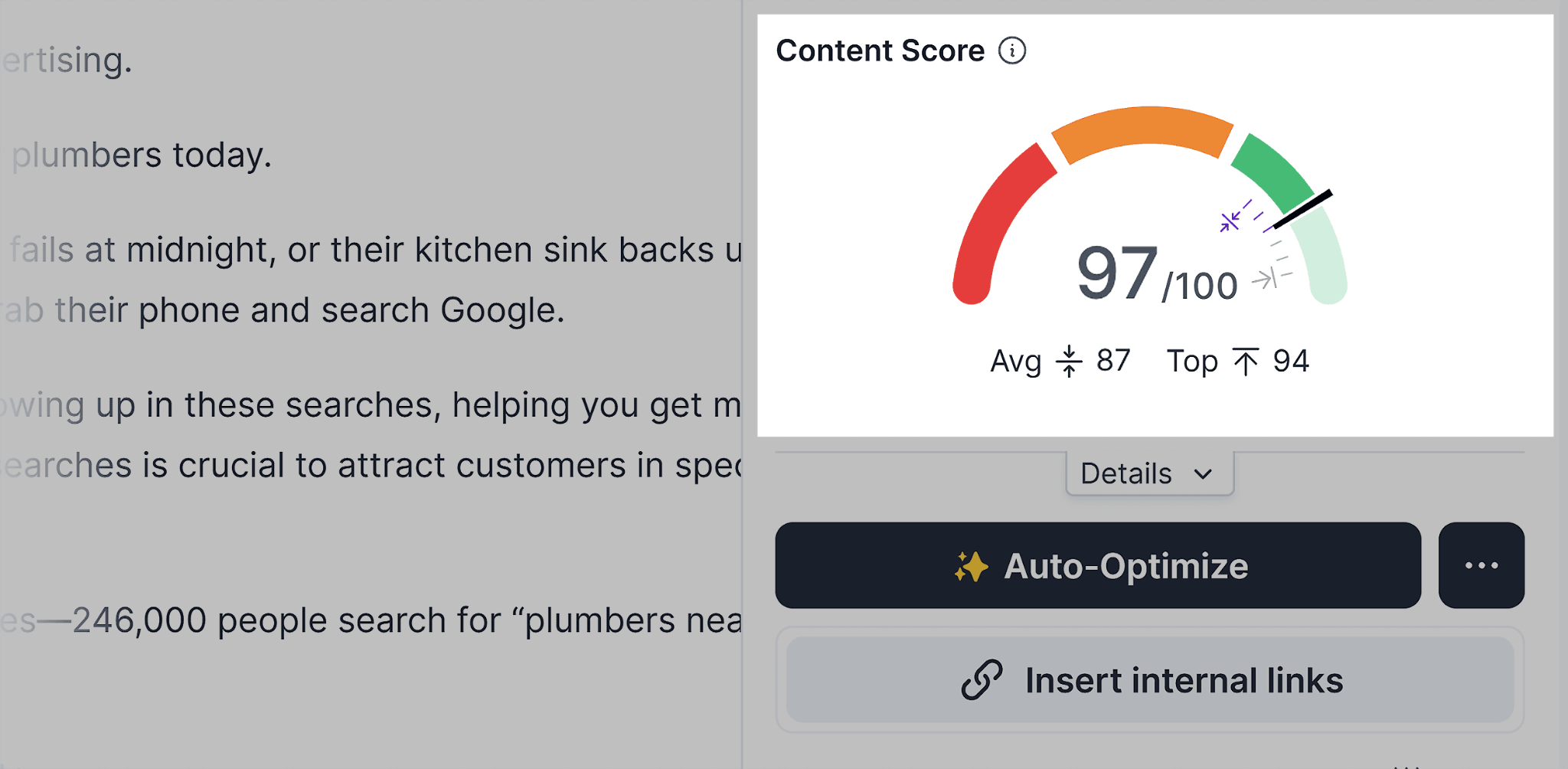 Surfer SEO Content Editor with a draft in progress, showing the content score meter updating in real-time as terms are added