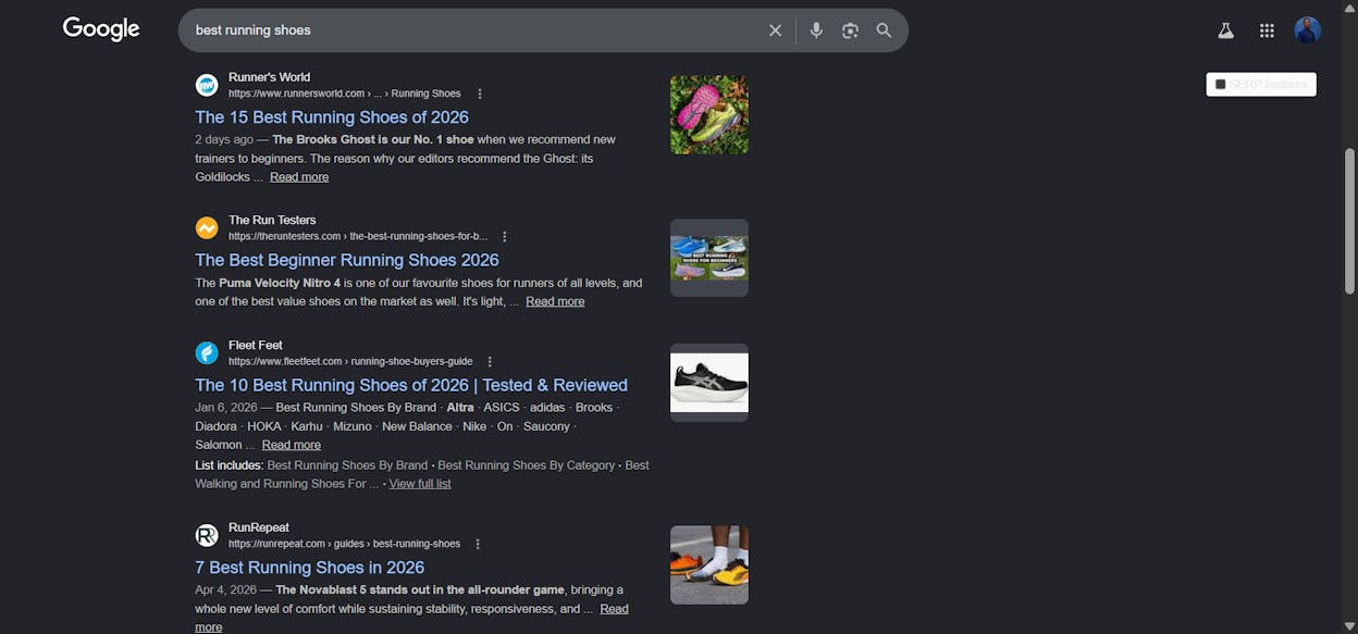 Google SERP for a competitive keyword like &ldquo;best running shoes,&rdquo; showing the top results are all multi-page sites with dedicated category pages.