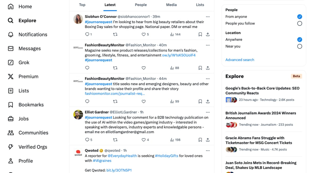 A Twitter/X search result for &ldquo;#journorequest&rdquo; filtered by your industry, showing two or three open requests from journalists looking for sources