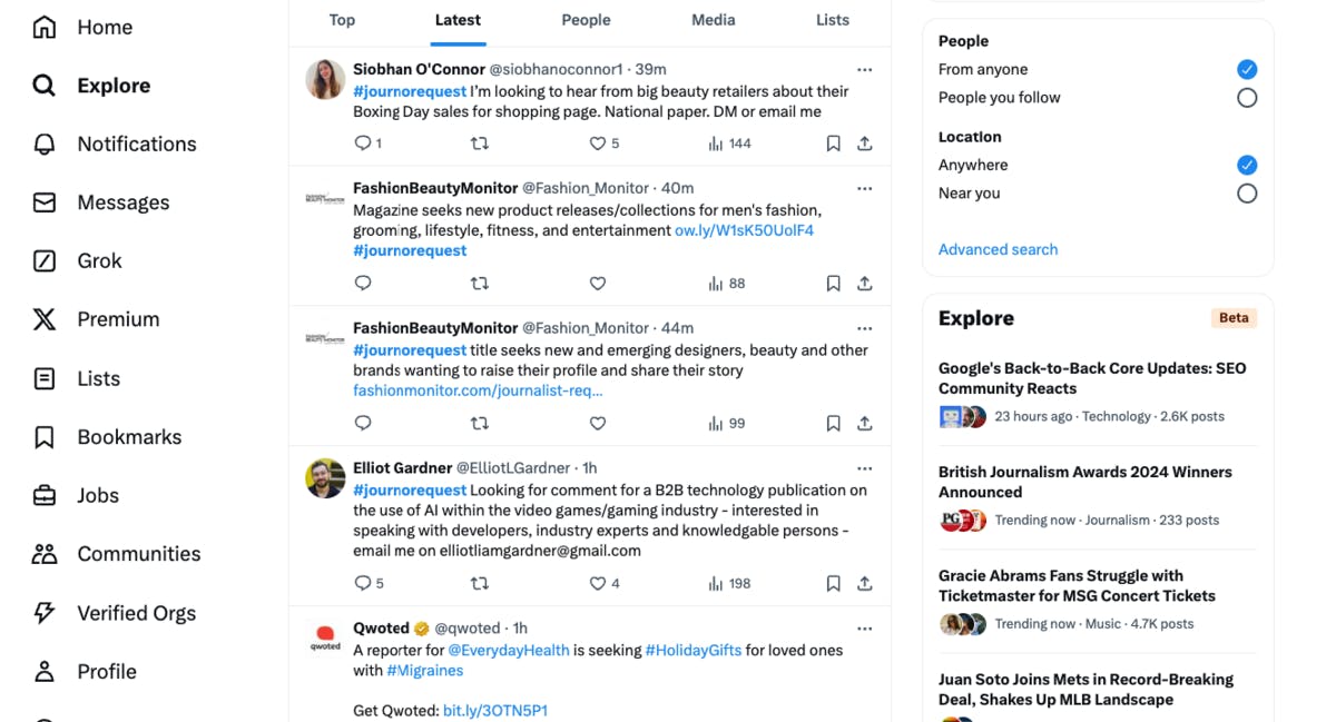 A Twitter/X search result for “#journorequest” filtered by your industry, showing two or three open requests from journalists looking for sources