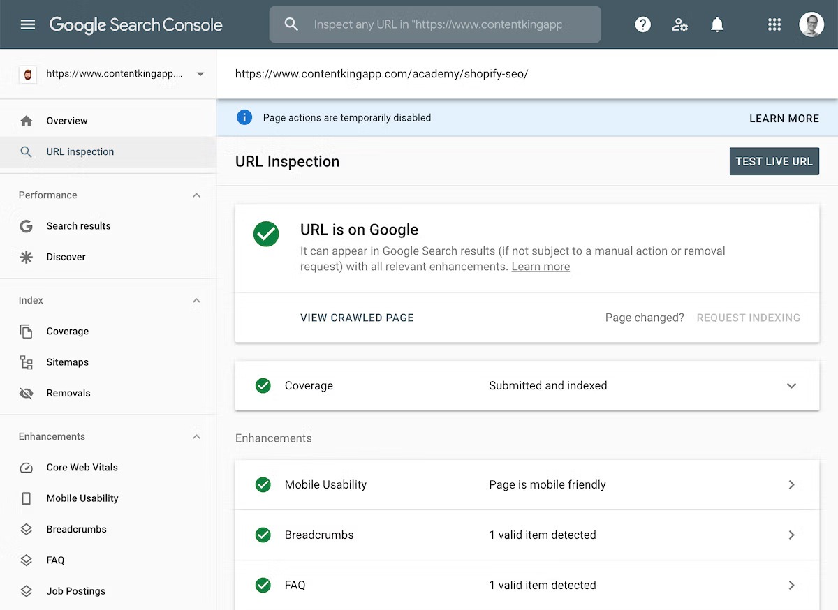 Google Search Console URL Inspection report showing a single URL with “URL is on Google” status and last crawl date