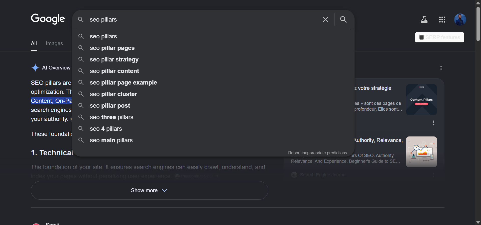Google Autocomplete suggestions for the query “SEO pillars” showing the auto-suggested long-tail variations