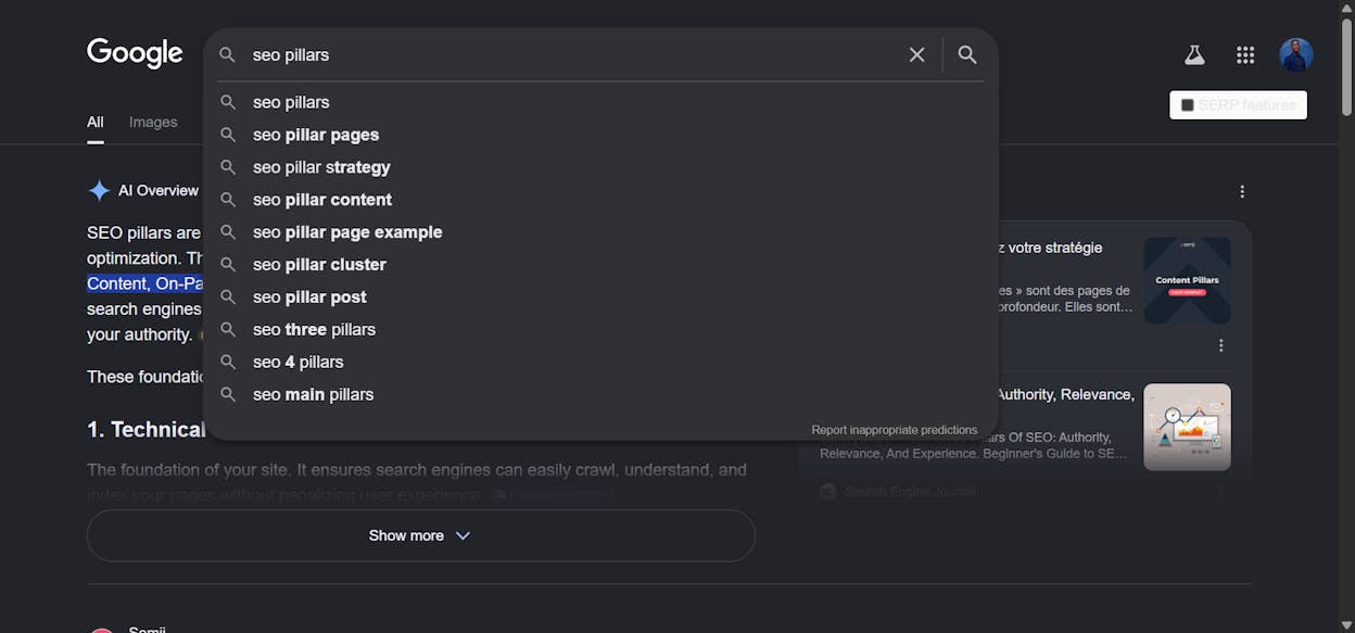 Google Autocomplete suggestions for the query &ldquo;SEO pillars&rdquo; showing the auto-suggested long-tail variations