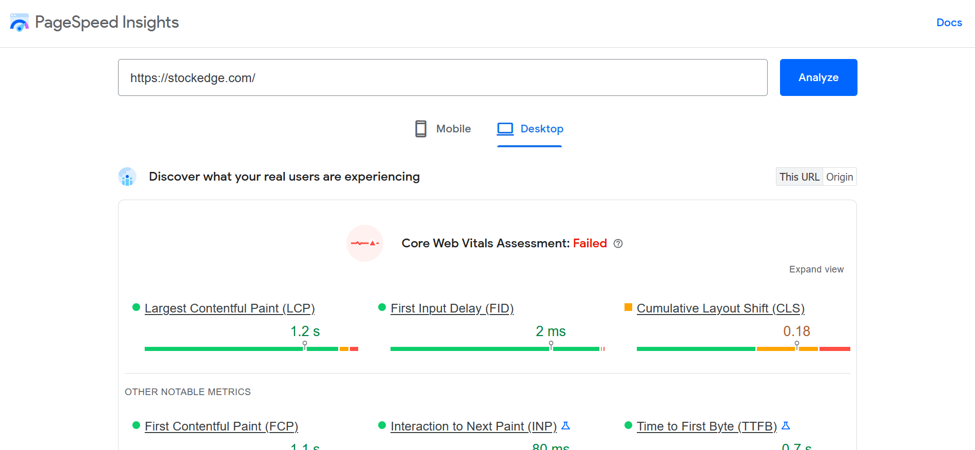 Google PageSpeed Insights report for a homepage showing the Core Web Vitals scores with pass/fail indicators