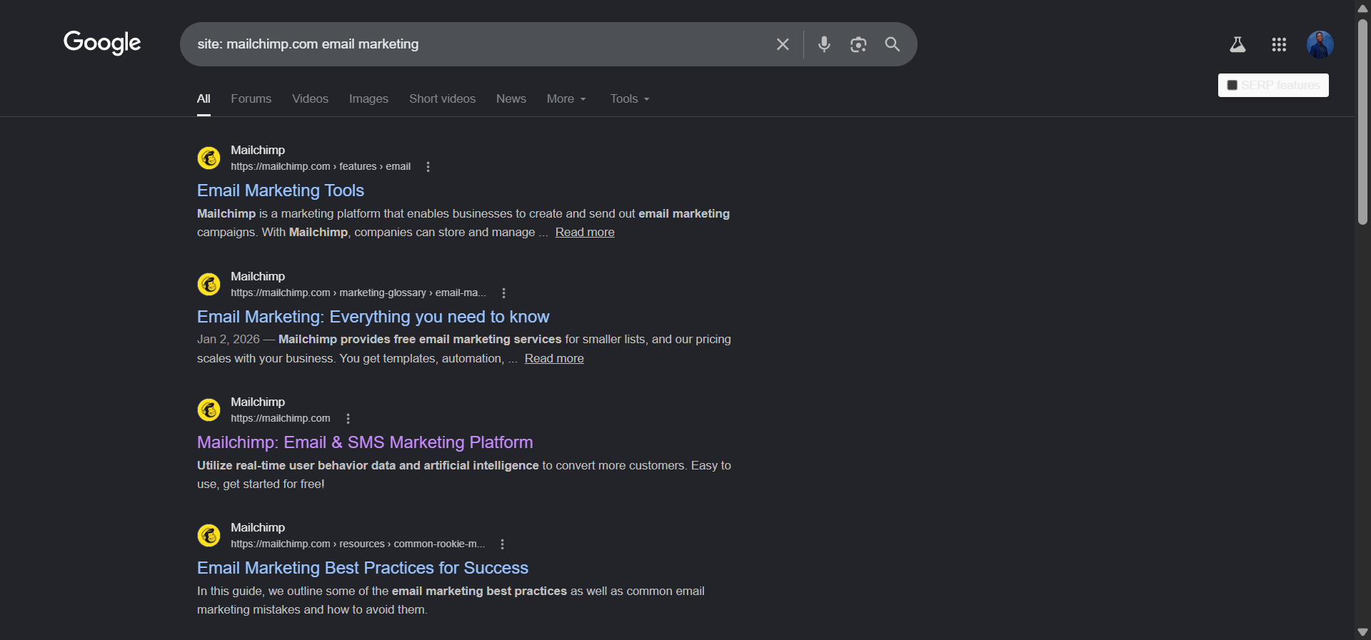 Google search results page using site: operator for a competitor domain with a target keyword