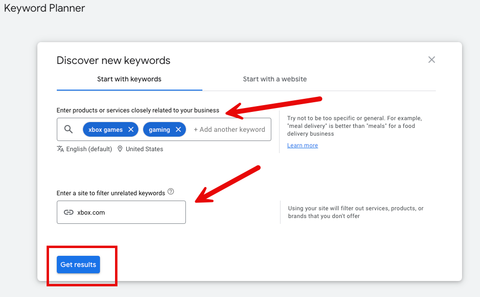 Google Keyword Planner “Discover new keywords” with the “Start with a website” tab selected and a competitor URL entered