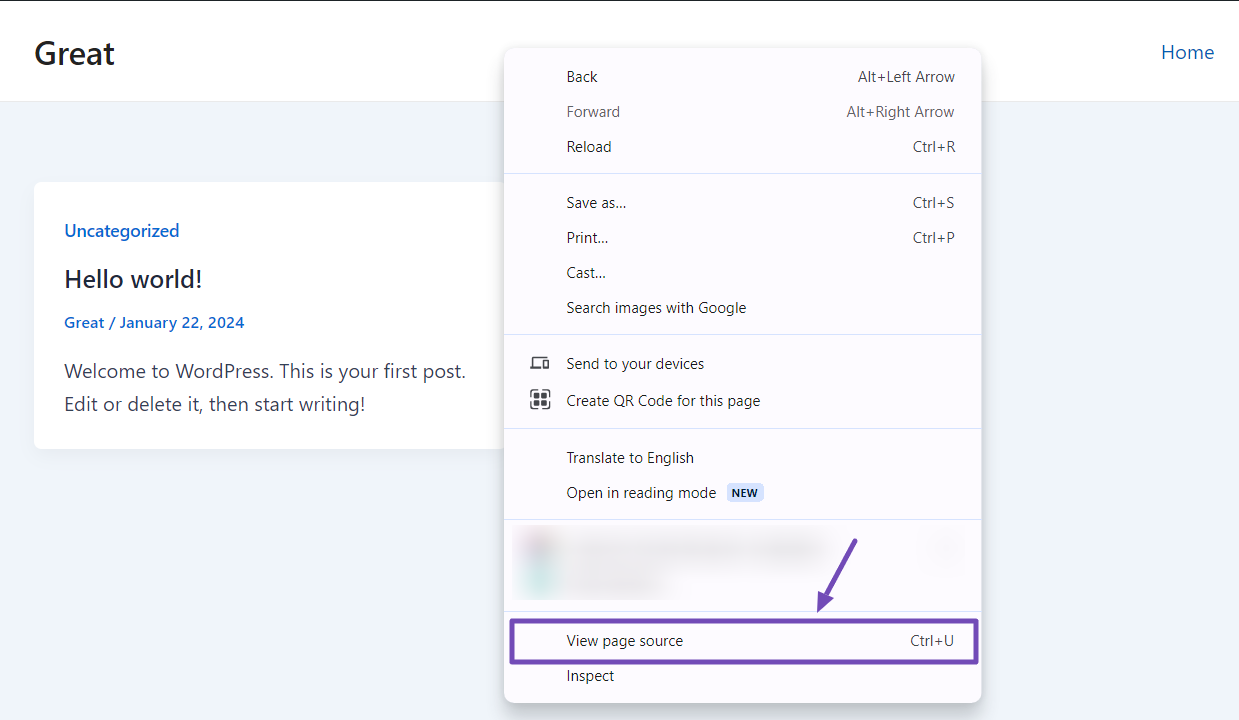 Browser “View page source” of a blog post with the title tag, meta description, and JSON-LD schema block visible and highlighted