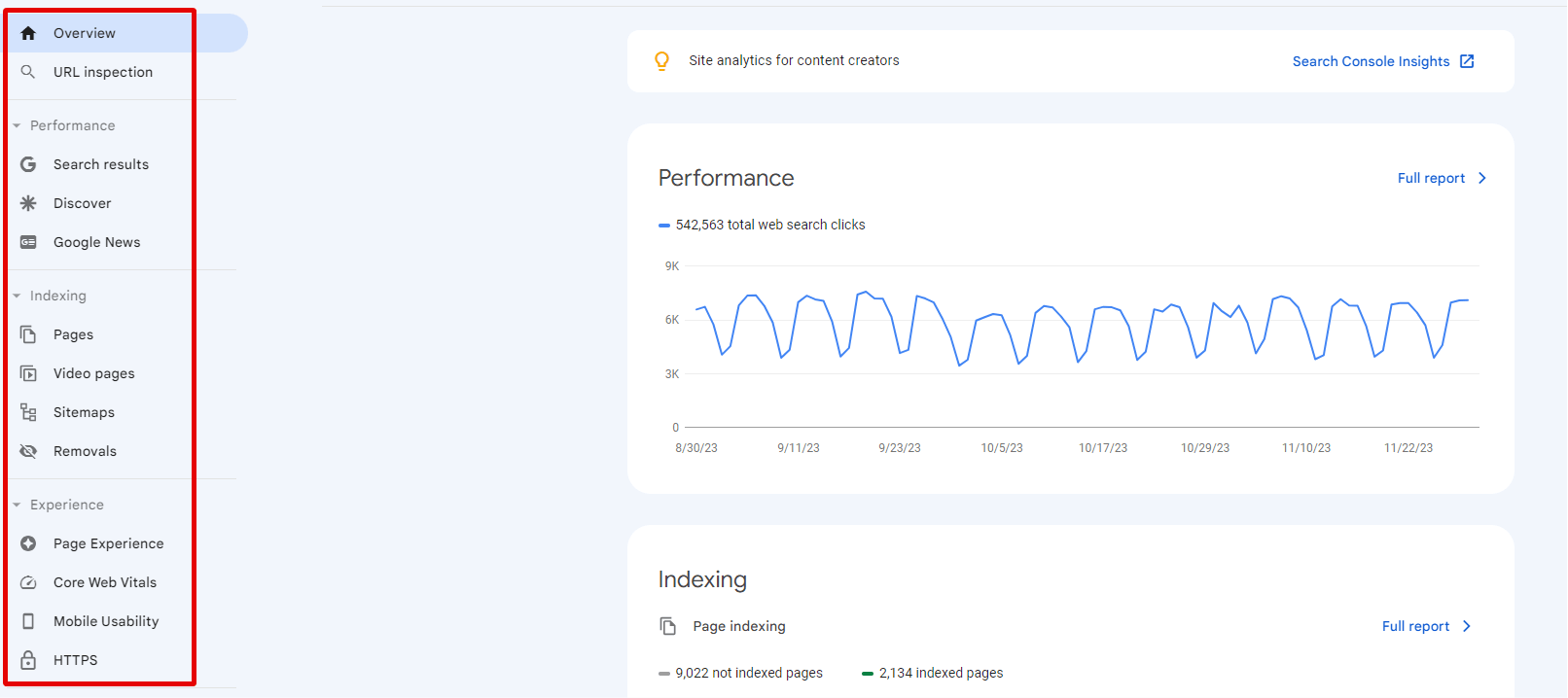 GSC home with Performance > Search results selected in the left navigation