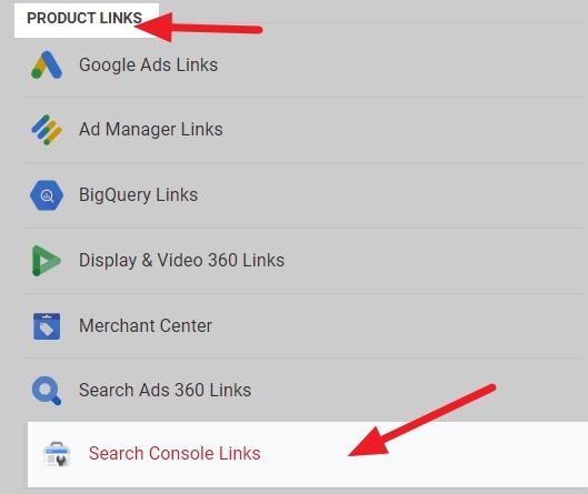 GA4 Admin panel with Search Console links highlighted under Product links