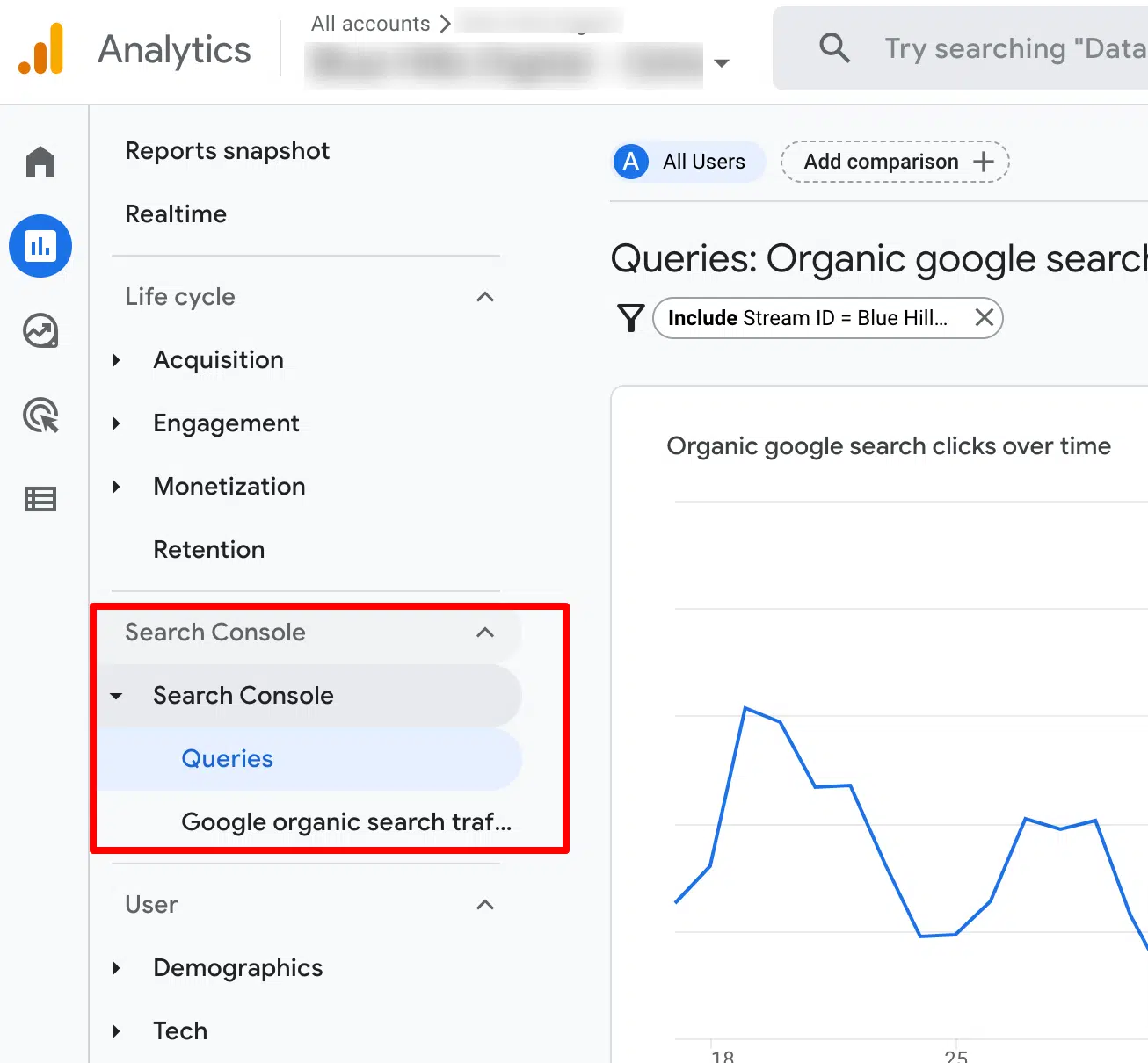 GA4 Search Console Queries report showing keywords alongside engagement rate, conversions, and event count
