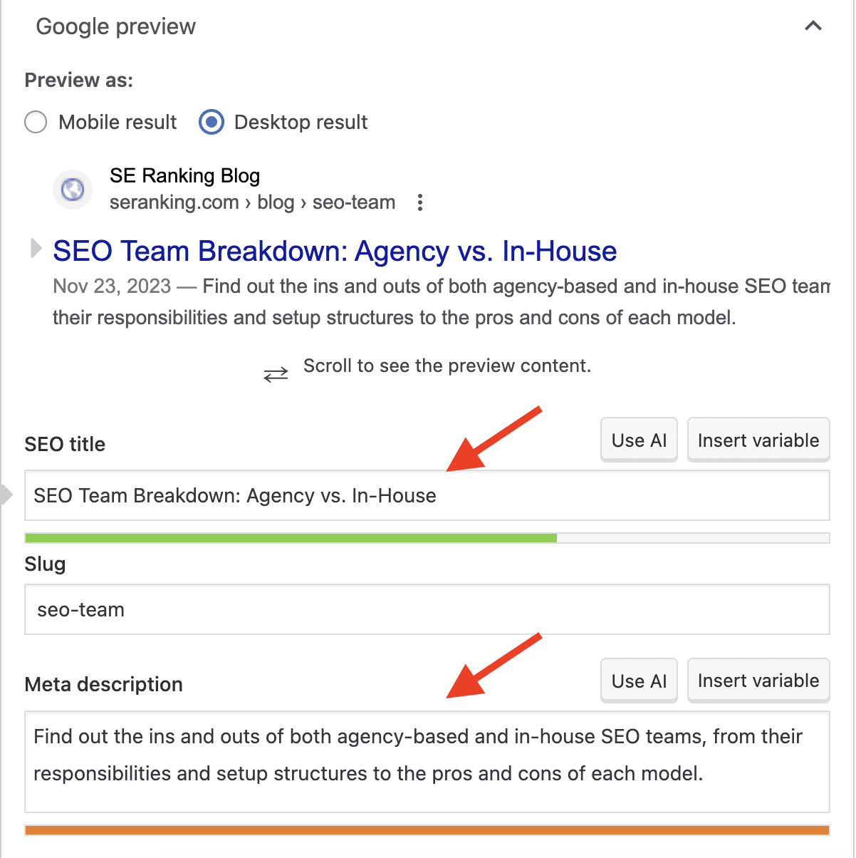 Google SERP showing competitor title tag structures with keyword placement and modifiers annotated