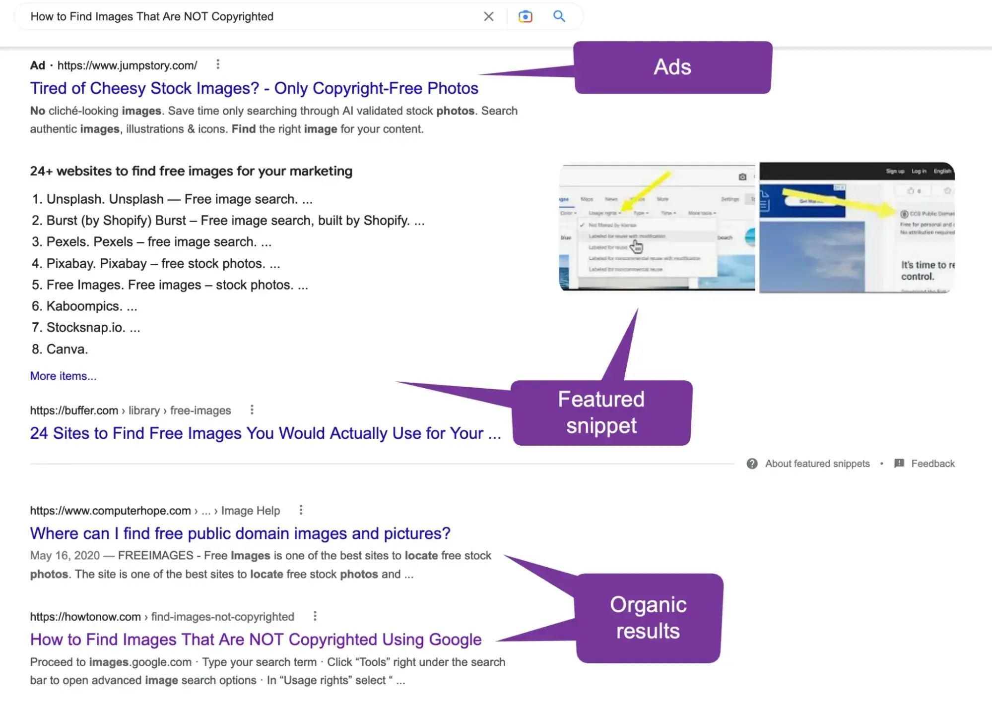 Google search results page showing a featured snippet for a competitor keyword with the snippet format annotated