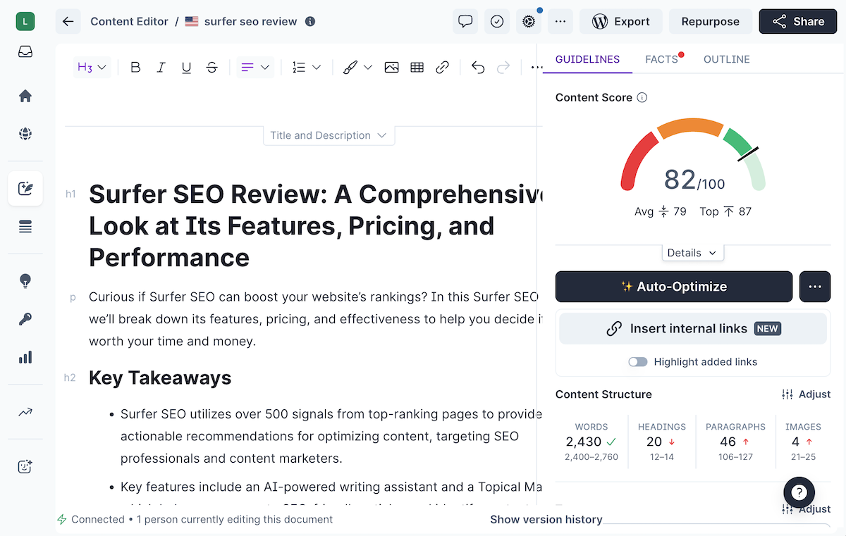 Surfer SEO Content Editor showing a draft on the left with a content score, term suggestions, and word count on the right