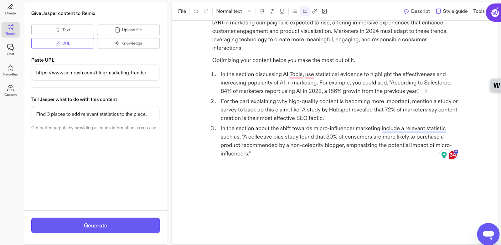 Jasper Pro interface showing the Canvas editor with Brand Voice settings panel on the side