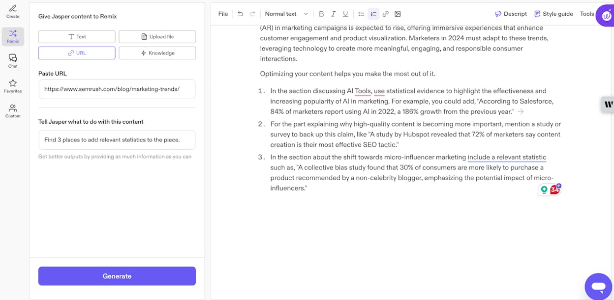 Jasper Pro interface showing the Canvas editor with Brand Voice settings panel on the side