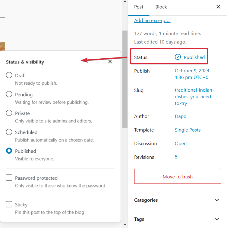 WordPress block editor showing a blog post draft with the sidebar revealing SEO meta fields and category selection