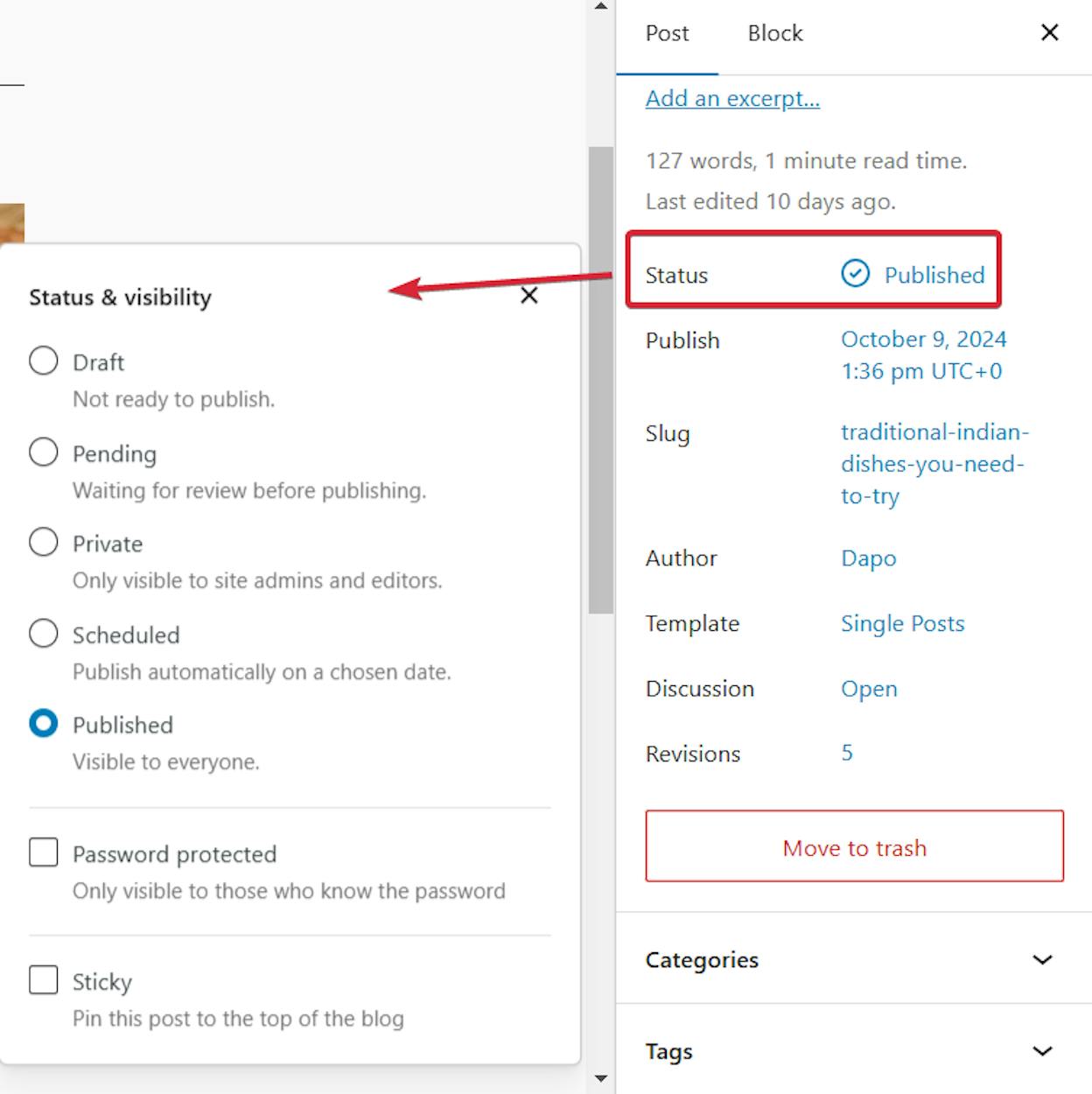 WordPress block editor showing a blog post draft with the sidebar revealing SEO meta fields and category selection