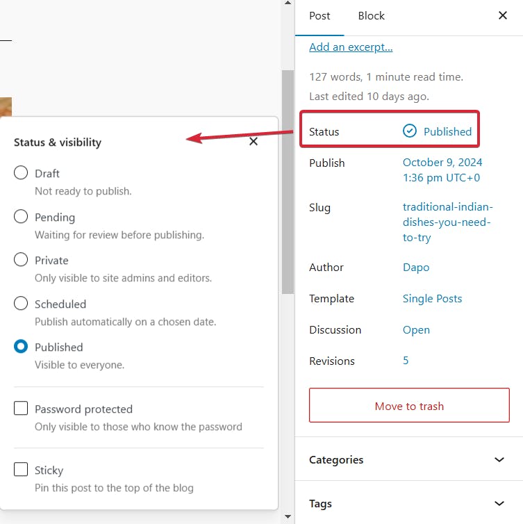 WordPress block editor showing a blog post draft with the sidebar revealing SEO meta fields and category selection