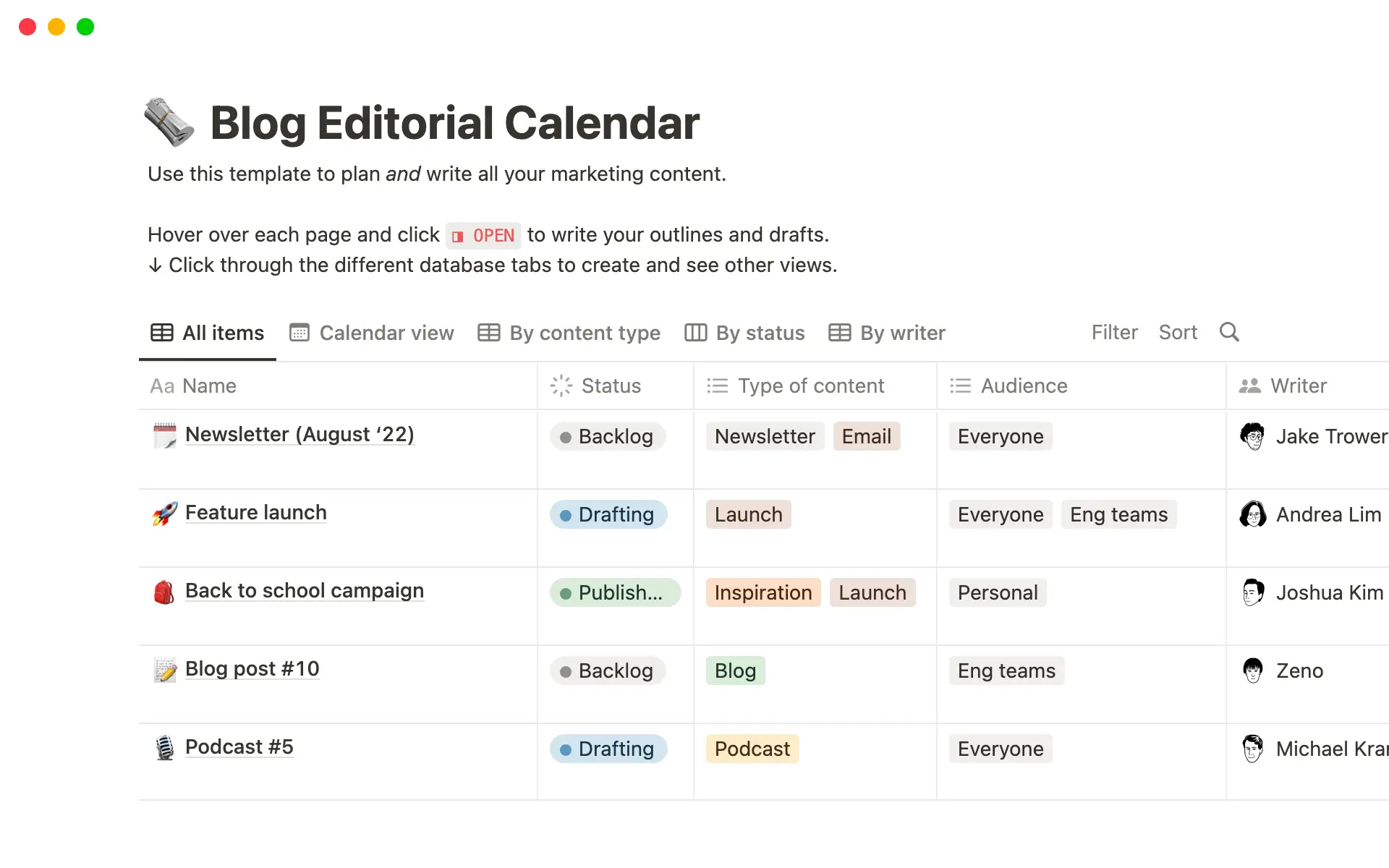 Notion database showing a content calendar with status columns for Idea, Brief, Draft, Review, and Published