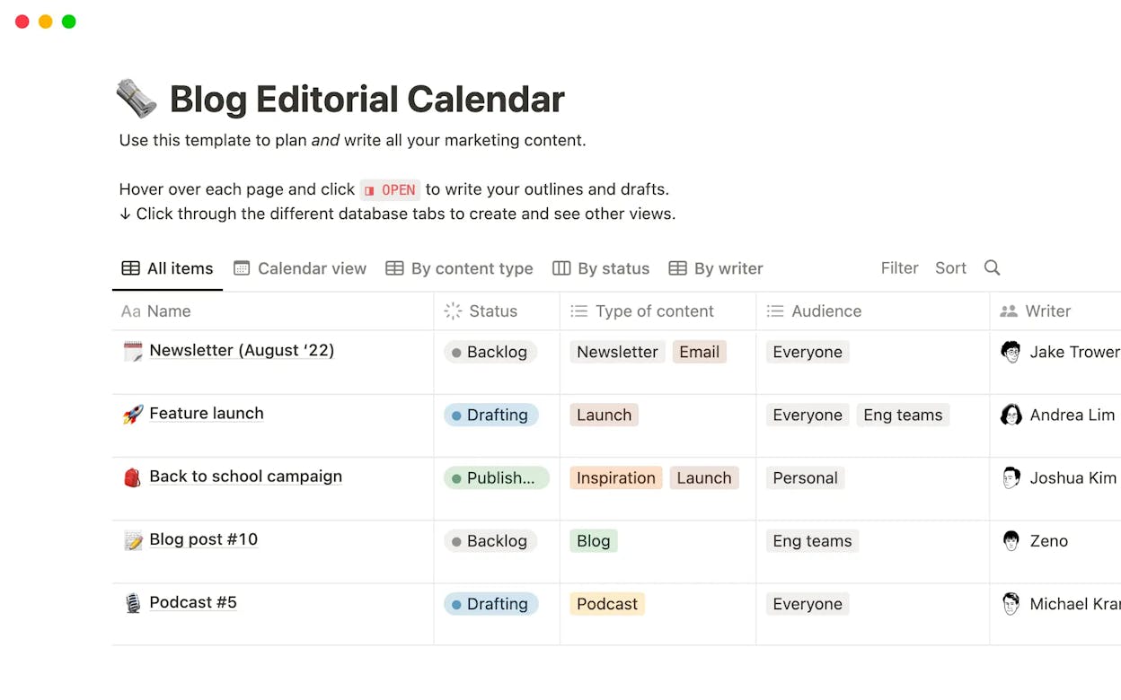 Notion database showing a content calendar with status columns for Idea, Brief, Draft, Review, and Published