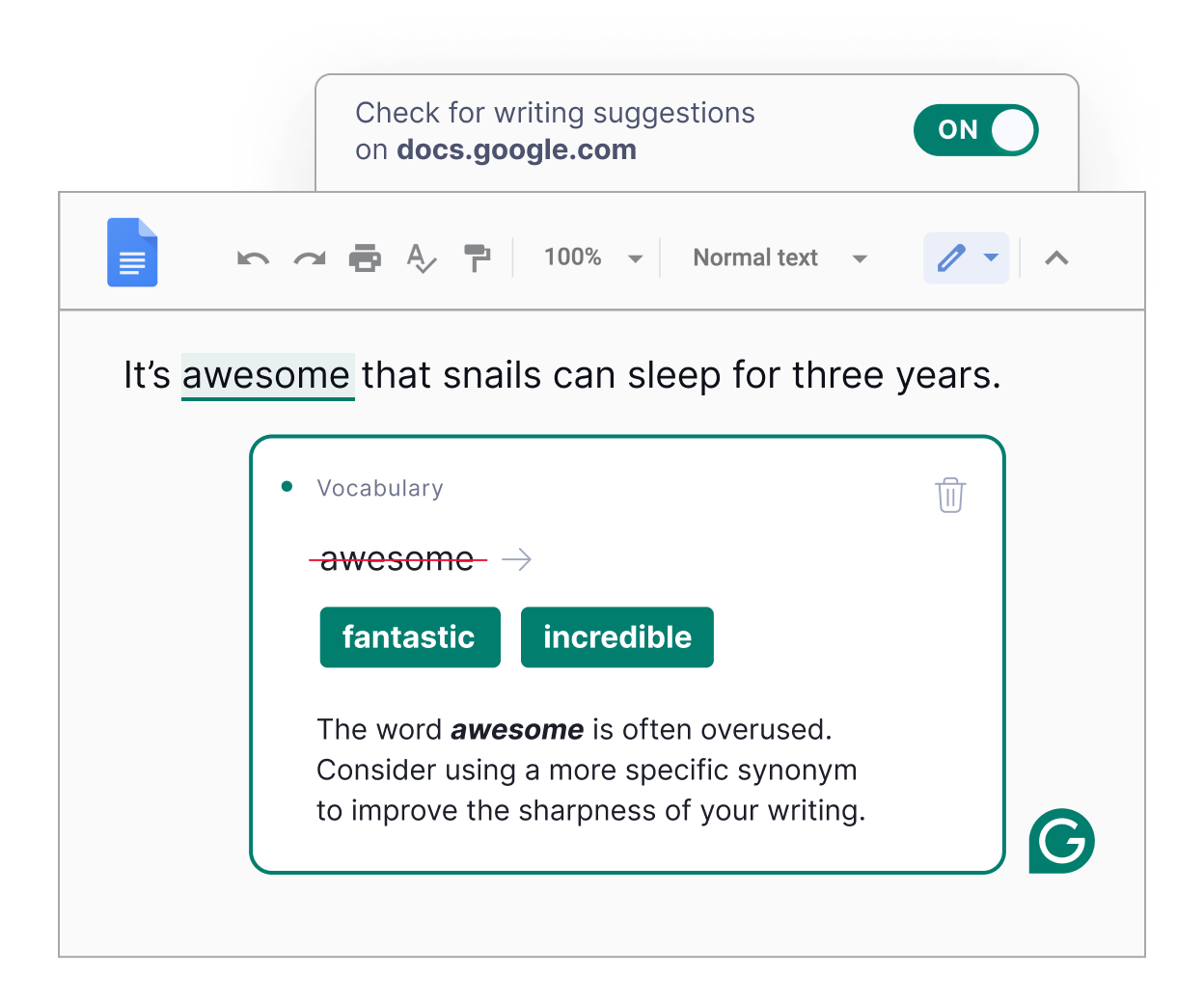 Grammarly browser extension showing inline suggestions for grammar, clarity, and tone inside a Google Docs window