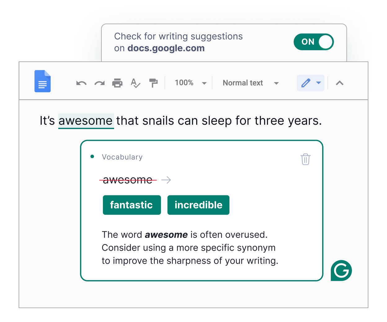 Grammarly browser extension showing inline suggestions for grammar, clarity, and tone inside a Google Docs window