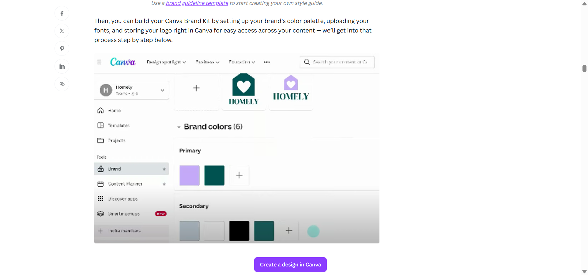 Canva editor showing a blog header template being customized with brand colors and a Brand Kit panel on the side