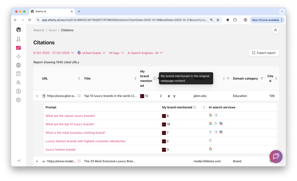 Otterly’s Brand Report view showing prompts, brand mentions, and citation counts