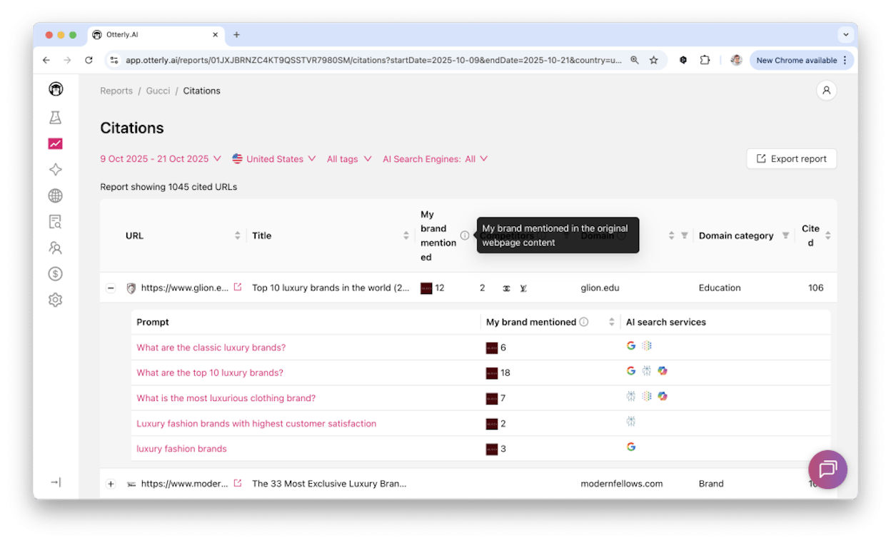 Otterly&rsquo;s Brand Report view showing prompts, brand mentions, and citation counts