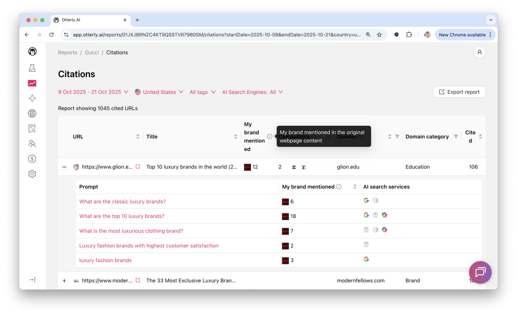 Otterly’s Brand Report view showing prompts, brand mentions, and citation counts