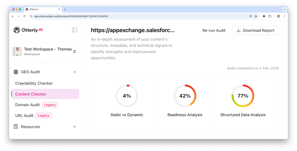 Otterly’s GEO Audit showing on-page factors scored across multiple URLs
